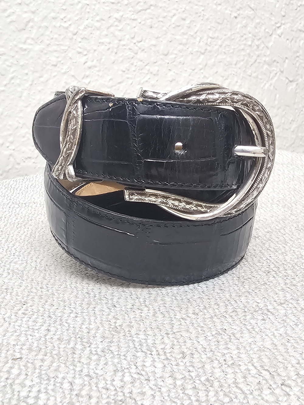 Brighton Black Croc-Embossed Leather Belt with Silver Decorative Buckle